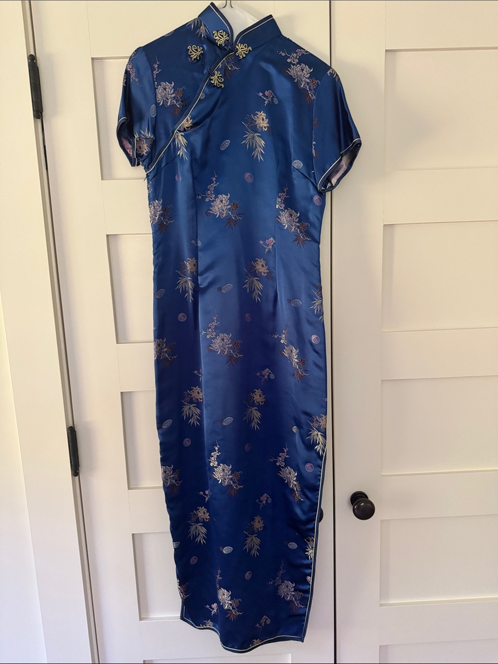 Blue Satin Floral Qipao Maxi Dress